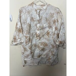 120% Lino 100% Linen Floral Blouse Beige Brown Botanical Print Long Sleeve Light